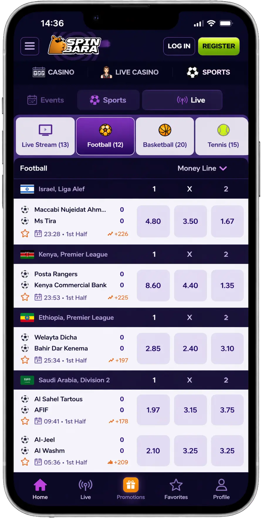 SpinBara live betting section with in-play sports markets
