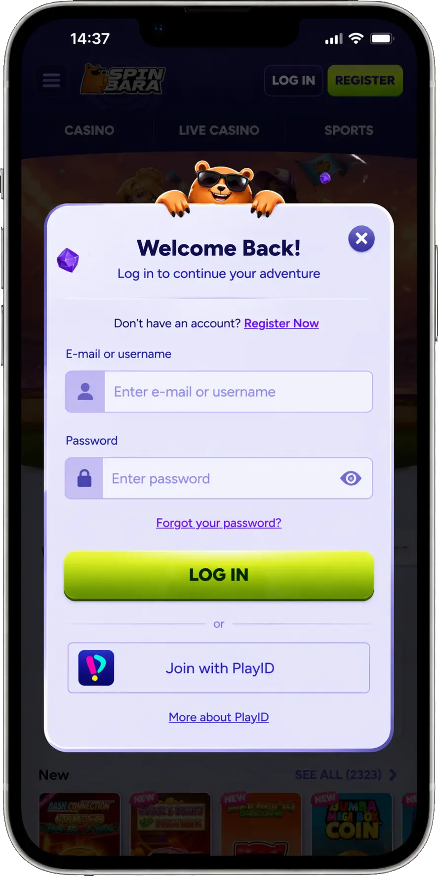 SpinBara mobile login screen with account access form