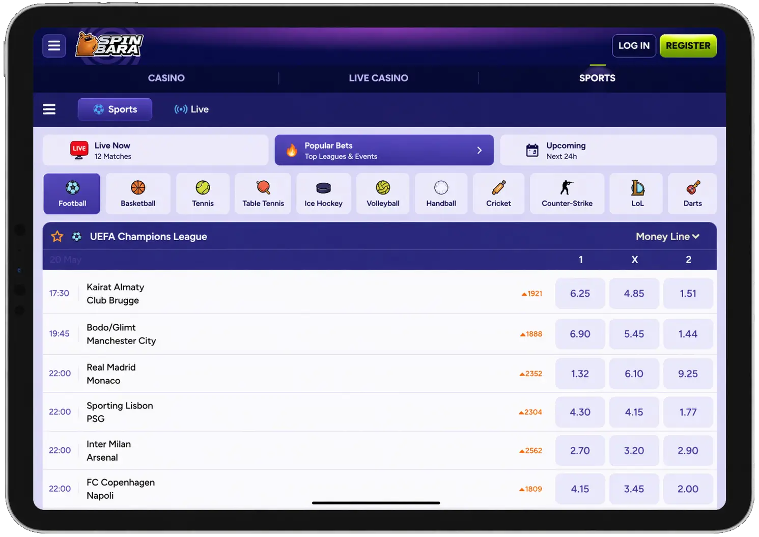 SpinBara sportsbook with sports markets and betting options
